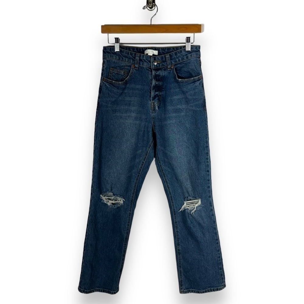 H&M Straight Leg High Waist Button Fly Distressed Jeans, Medium Wash, Size 6